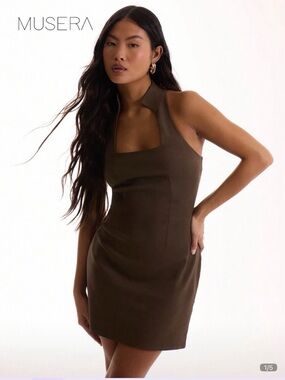 Musera Brown Halter Square-Neck Mini Dress